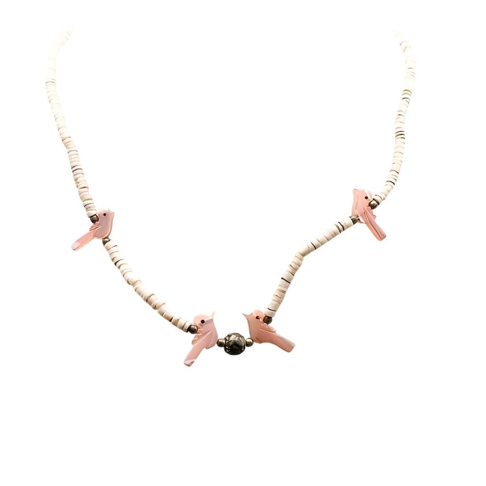 Vintage Pink Bird Fetish Choker Necklace with White Shell Heishi Beads